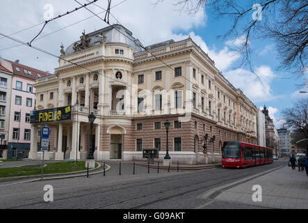 The National Theatre with modern tram in foreground, Bratislava, Slovakia Stock Photo