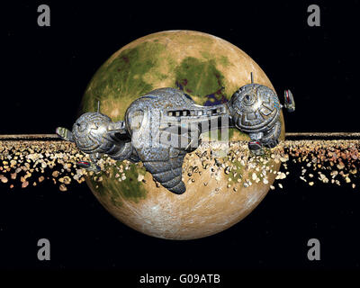 Yellow Planet and Spacecraft Stock Photo