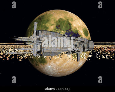 Yellow Planet and Spacecraft Stock Photo