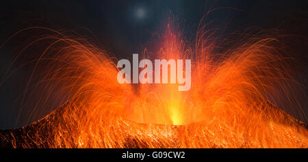 Full moon eruption of a volcano Stock Photo