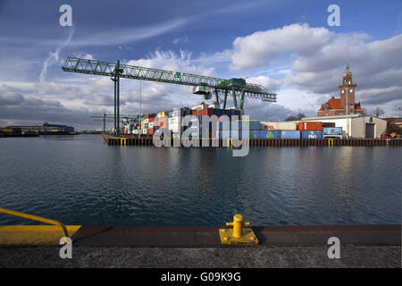 Port with container terminal, Dortmund, Germany. Stock Photo