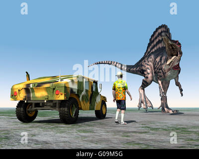 Reckless Tourist and the Dinosaur Spinosaurus Stock Photo