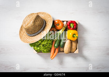 Freshly harvested vegetables in a wooden crate, top view Stock Photo