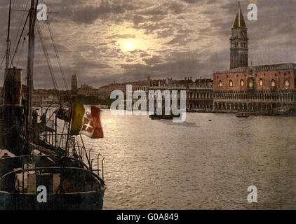 Grand Canal and Doges' Palace by moonlight, Venice, Italy, circa 1900 Stock Photo