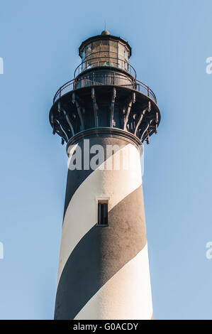 Diagonal black and white stripes mark the Cape Hatteras lighthouse at its new location near the town of Buxton on the Outer Bank Stock Photo