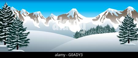 Panoramic winter mountains landscape full vector banner Stock Vector