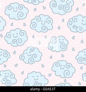 Seamless pattern with funny cartoon clouds on pink peas background. Stock Vector