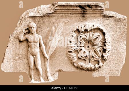 Figure man with palm fronds and rosette sepia Stock Photo
