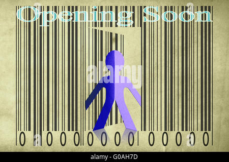 Paperman coming out of a bar code with Opening soon Words Stock Photo