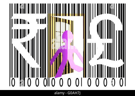 Paperman coming out of a bar code with Rupee and Pound Signs Stock Photo