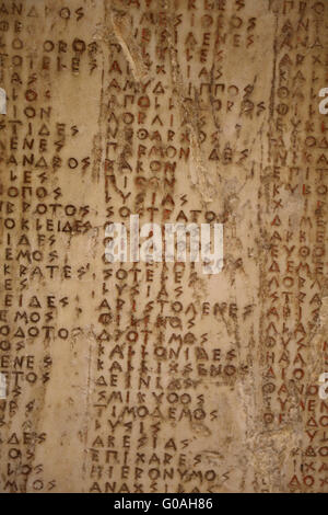 Greek inscription: List of citizen killed on the field of honor (the dead of the Athenian tribe of Erechteides). Athens. Louvre Stock Photo