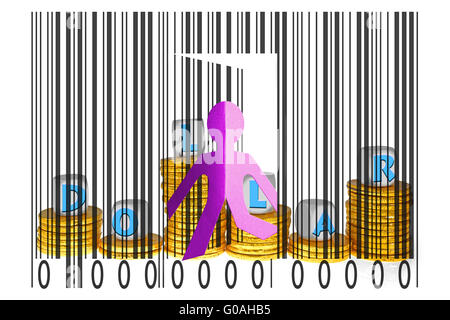 Paperman coming out of a bar code with Dollars word Stock Photo