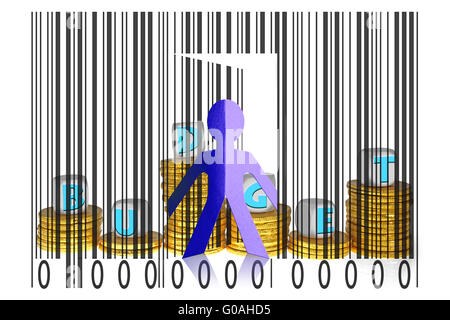 Paperman coming out of a bar code with Budget word Stock Photo