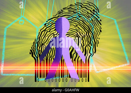 Paperman coming out of a bar code with Price Tags Stock Photo