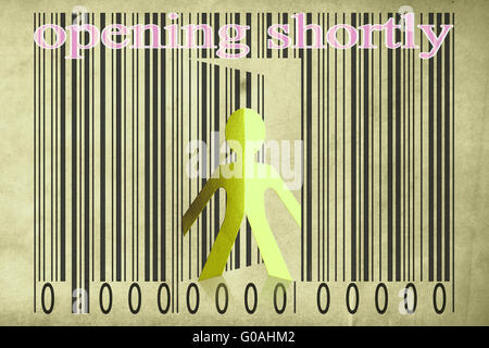 Paperman coming out of a bar code with Opening shortly Words Stock Photo