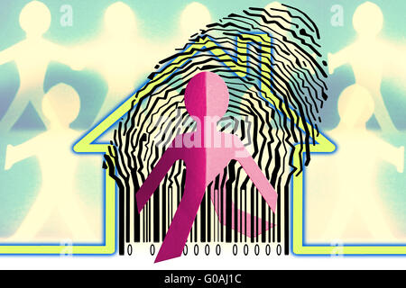 Paperman coming out of a bar code with Home Symbol Stock Photo