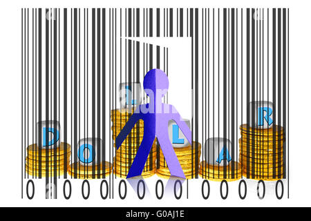 Paperman coming out of a bar code with Dollars word Stock Photo