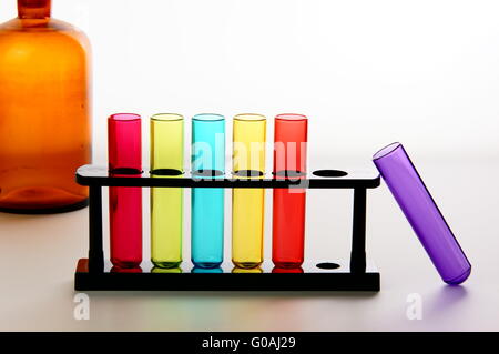 Test tubes with colored old chemistry glass bottle Stock Photo