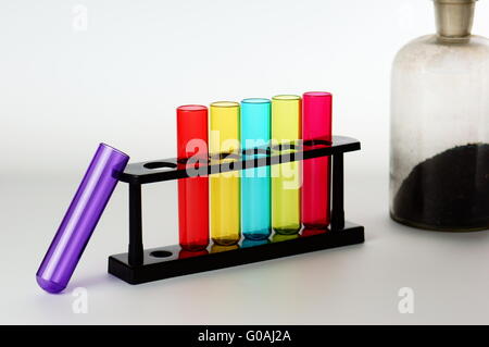 Test tubes with colored old chemistry glass bottle Stock Photo