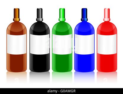 Glass Bottles with Blank Labels in Different Color Stock Photo