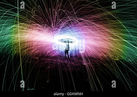 Showers of hot glowing sparks from spinning steel wool. Stock Photo