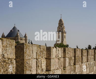 Defensive wall of the ancient holy Jerusalem . Stock Photo