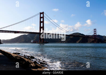 Ship Passing Under Golden Gate Bridge SF Stock Photo