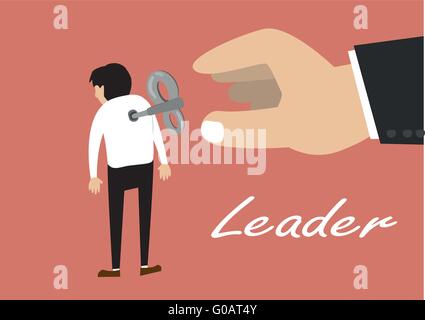 flat design vector of hand turns on a key winder clockwork on the employee back. leadership concept Stock Vector