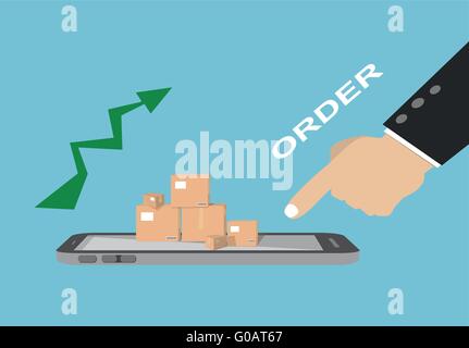 human hand pointing finger to order products package boxes from a smartphone screen. Stock Vector