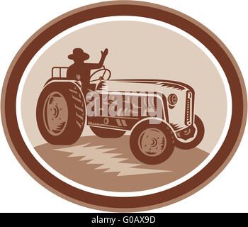 Illustration of a vintage tractor with driver waving set inside a ...