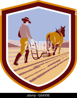 Illustration of farmer and horse plowing farm field viewed from front ...