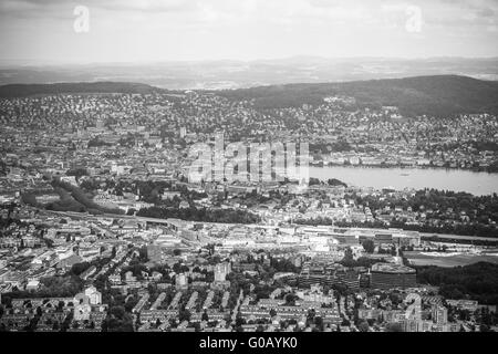 Aerial view of Zurich city and lake in black and white on top of Uetliberg, Zurich, Switzerland Stock Photo
