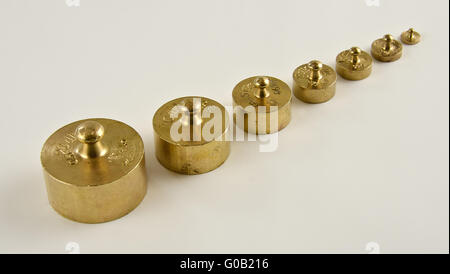 set of weights made from brass with hallmarks Stock Photo
