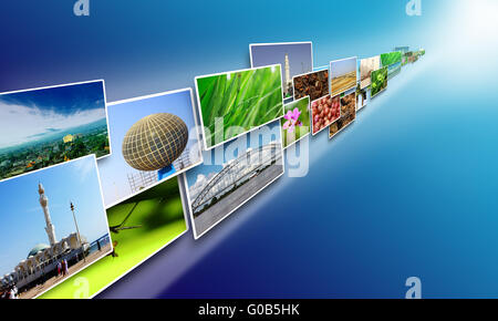 Internet concept, Images stream on internet sharing media over blue background Stock Photo