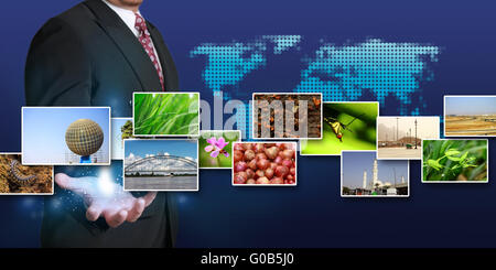 Image of a businessman showing images stream on internet sharing connection Stock Photo