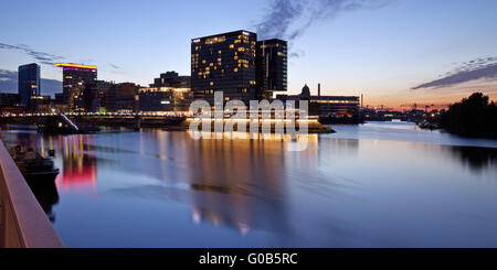 Media harbor in the dusk, Duesseldorf, Germany Stock Photo