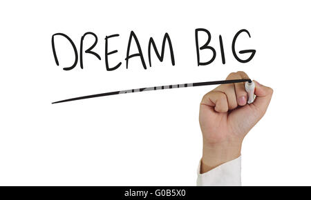 Motivational concept image of a hand holding marker and write Dream Big isolated on white Stock Photo