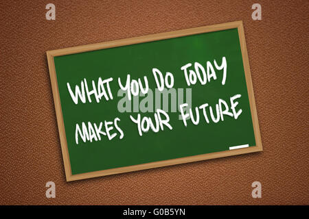 Chalk board writing of What You Do Today Makes Your Future written on green blackboard over textured wall Stock Photo