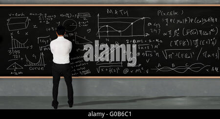 Businessman thinking and standing facing on large blackboard with math equivalents written on it Stock Photo