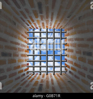 Prison's window and bars in wall from red brick wi Stock Photo
