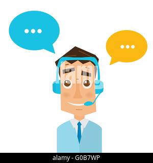 Man with headsets and colorful speech bubbles in call center. Business concept of client service and communication. Stock Vector