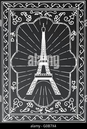 Hand drawn Eiffel Tower in Paris. France. Vector illustration. Eiffel Tower with rays and white frame on black background. Stock Vector