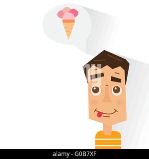 Boy dreaming about ice cream. Vector illustration. Flat style with long shadows. Young man with smile on face isolated on white Stock Vector