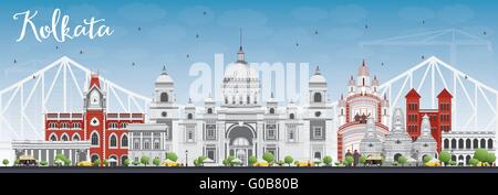 Kolkata Skyline with Gray Landmarks and Blue Sky. Vector Illustration. Business Travel and Tourism Concept Stock Vector