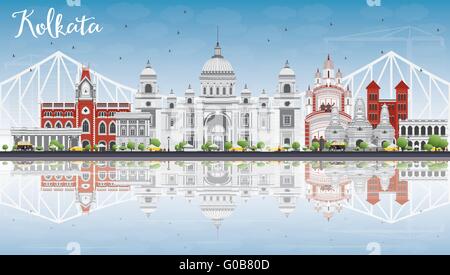 Kolkata Skyline with Gray Landmarks, Blue Sky and Reflections. Vector Illustration. Business Travel and Tourism Concept Stock Vector