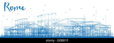 Outline Rome skyline with blue landmarks. Vector illustration. Business travel and tourism concept with historic buildings. Stock Vector