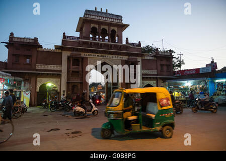 Auto rickshaw at night in Jodhpur in front of Clock Tower Market Stock Photo