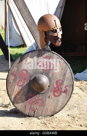 Viking helmet with shield Stock Photo