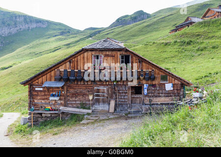 Traditional chalet in Swiss Alps on Bernese Oberland in Jungfrau region, Switzerland Stock Photo