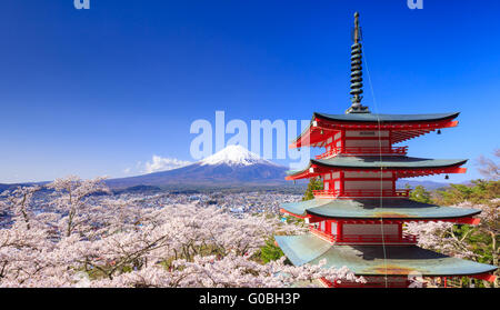 Mt. Fuji with Chureito Pagoda in Spring, Fujiyoshida, Japan Stock Photo